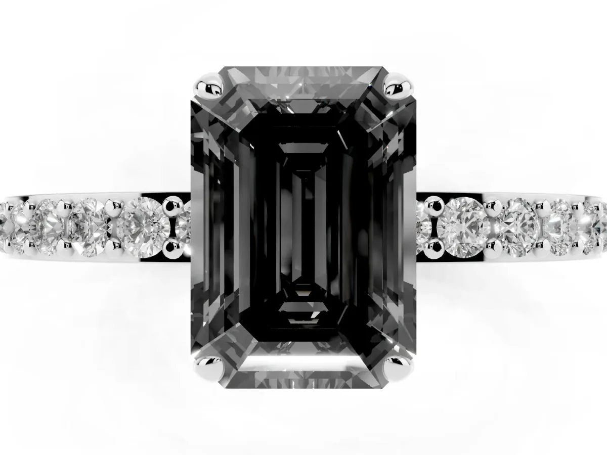 Fancy Black Emerald Cut Diamond Solitaire Engagement Ring with Pavé Band and Four-Prong Setting Platinum
