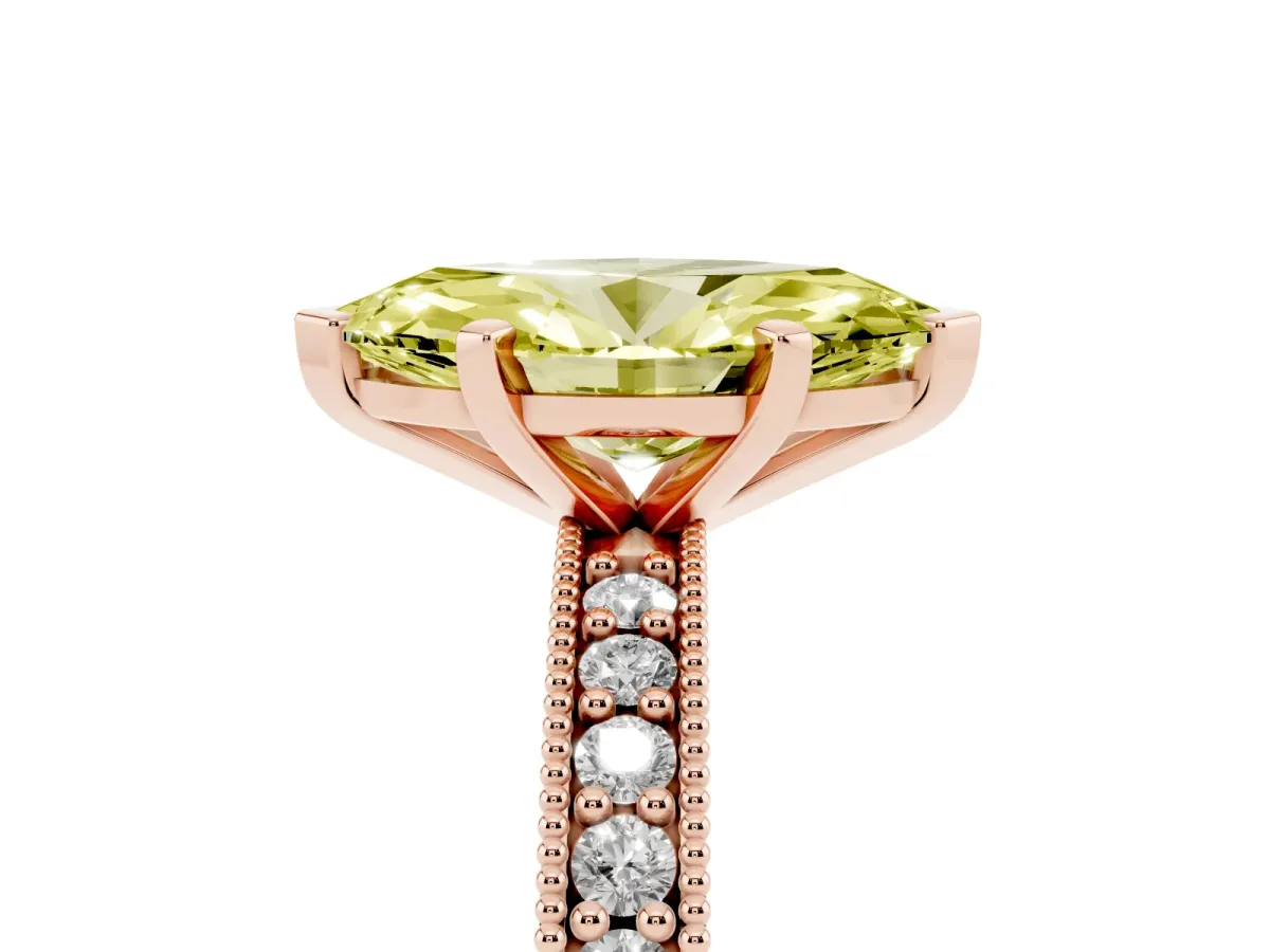 Fancy Yellow Marquise Cut Diamond Milgrain Pavé Engagement Ring with Four-Prong Setting Rose gold