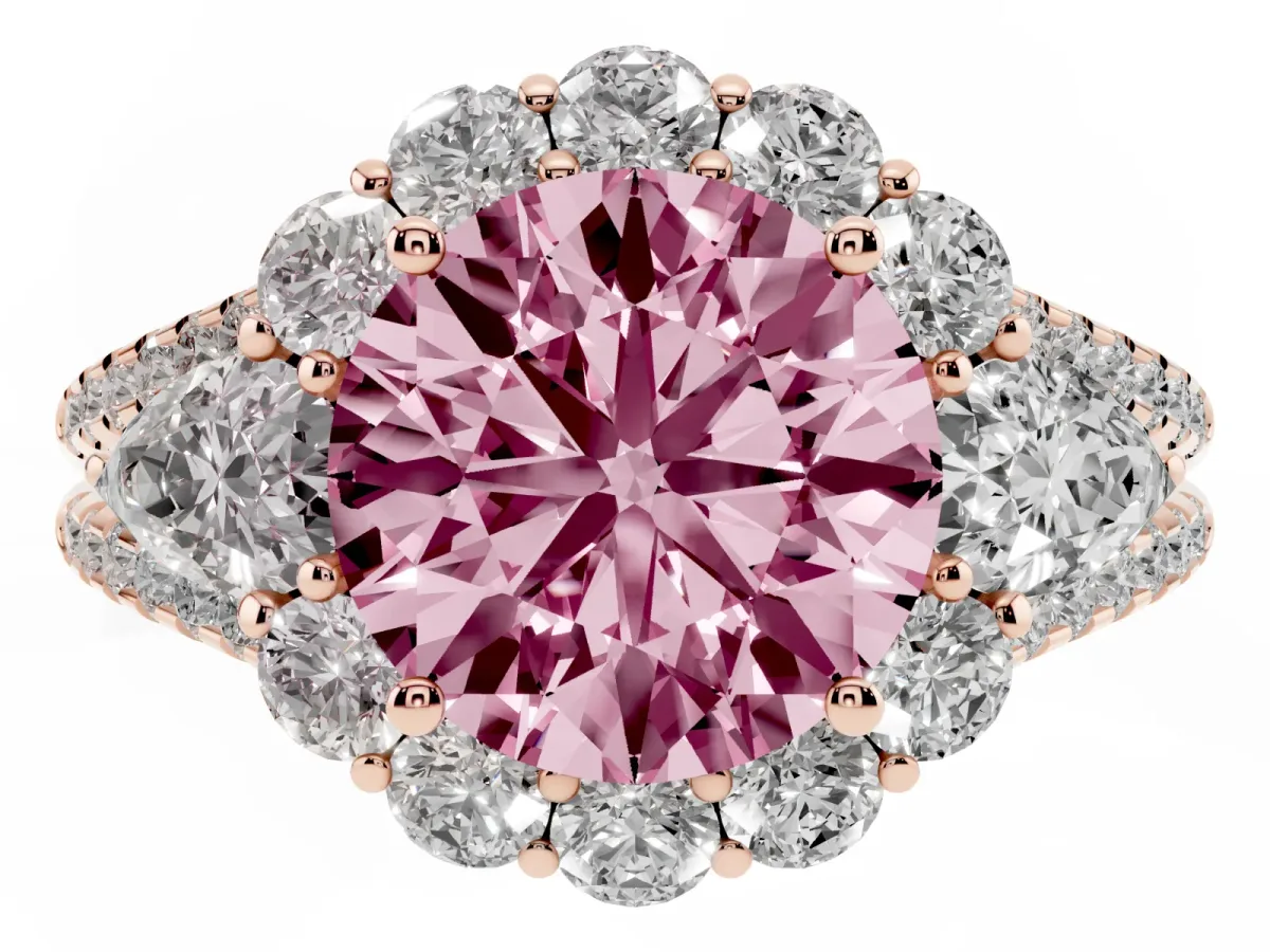 Fancy Pink Round Cut Halo Split Shank Diamond Engagement Ring with Prong Setting Rose gold