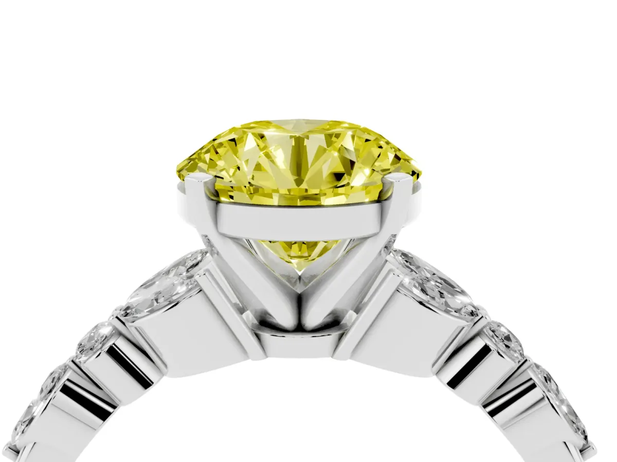 Fancy Yellow Round Cut Diamond Solitaire Ring with Side Stones and Four-Prong Setting Platinum
