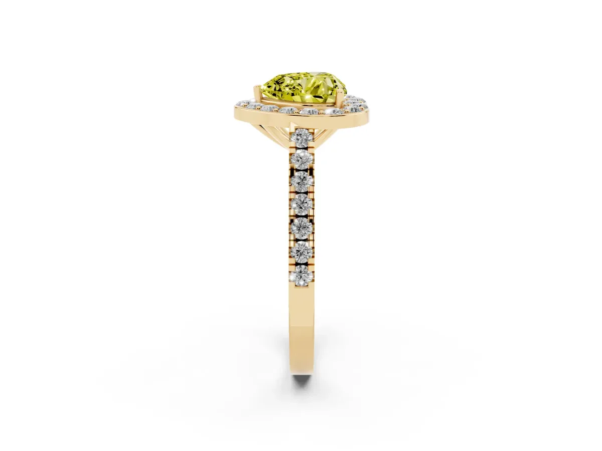Fancy Yellow Heart Cut Diamond Halo Ring with Round Pavé Split Shank and Prong Setting Yellow gold