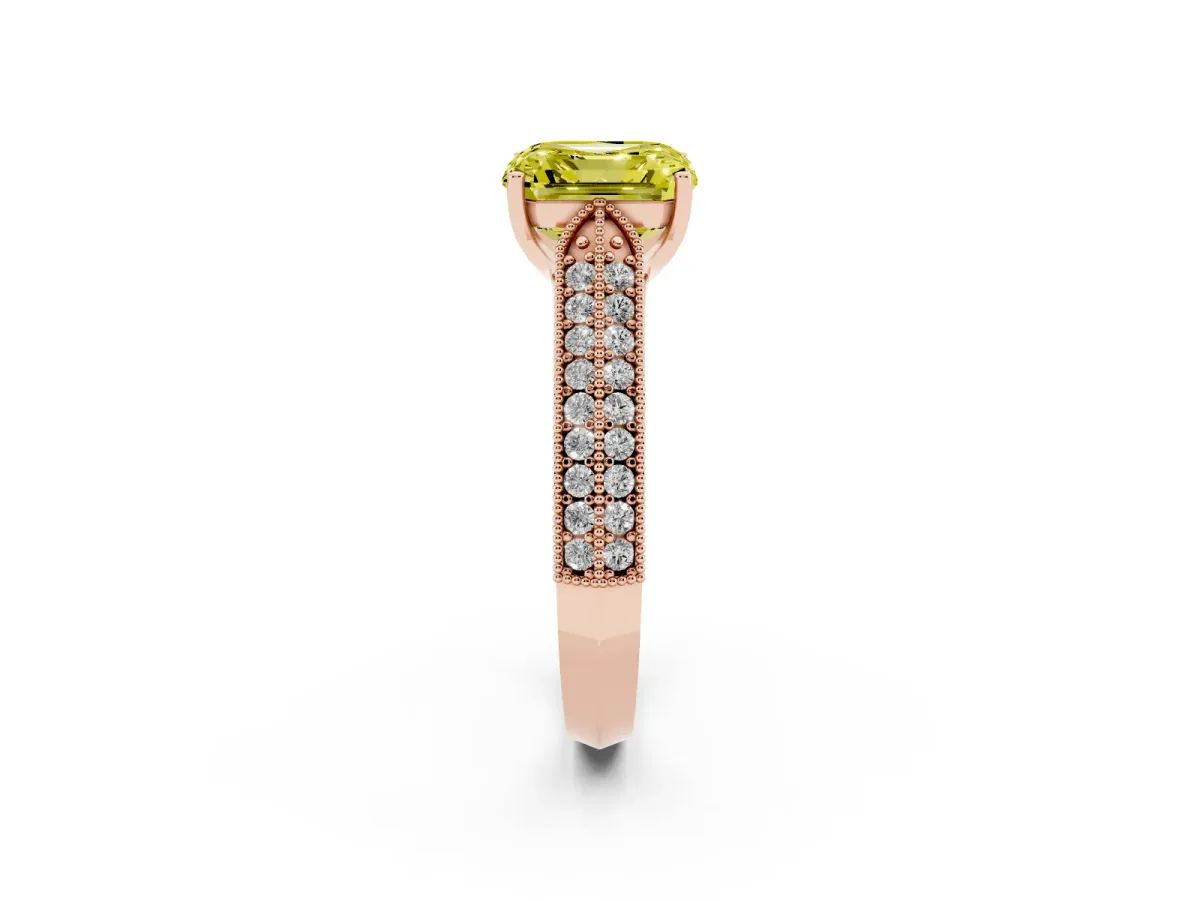 Fancy Yellow Asscher Cut Cut Pave Split Shank Engagement Ring with Four-Prong Setting Rose gold