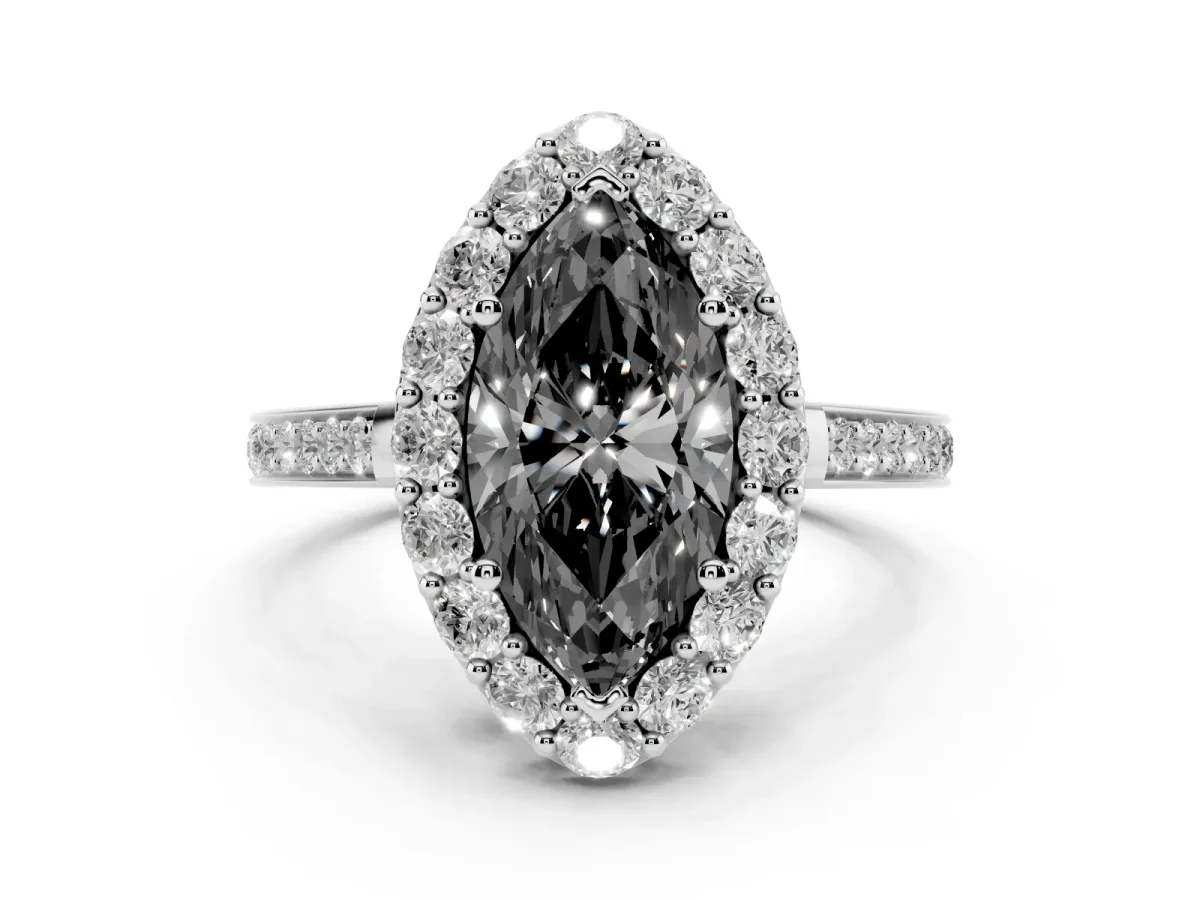 Fancy Black Marquise Cut Diamond Floral Halo Ring with Pavé Band and Prong Setting Silver