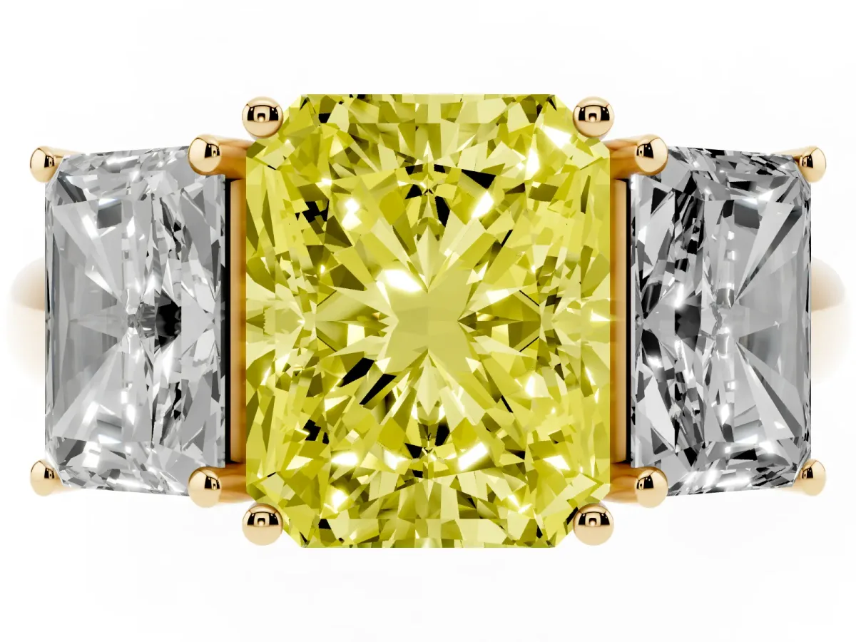Fancy Yellow Three-Stone Radiant Cut Diamond Engagement Ring with Prong Setting Yellow gold