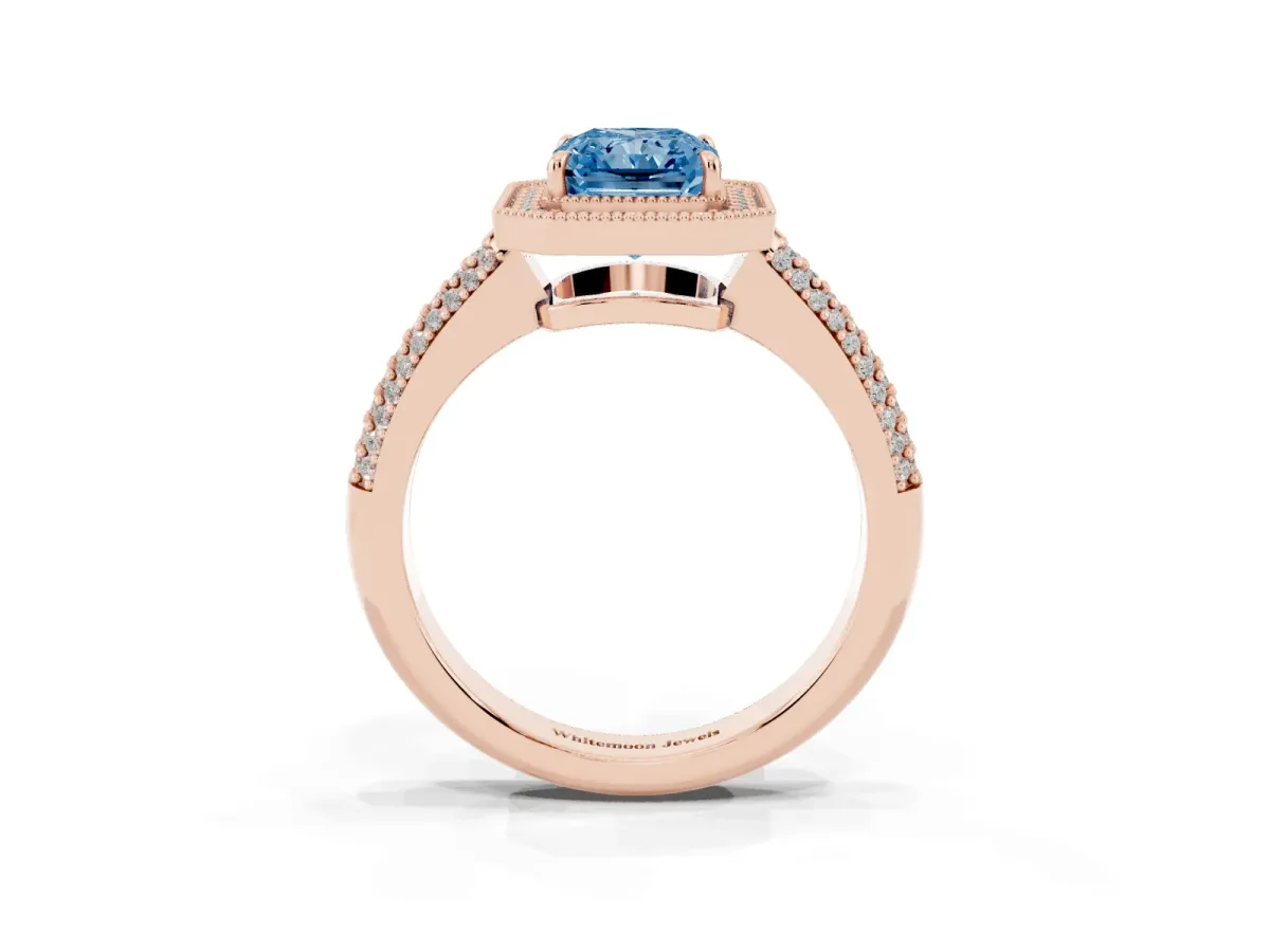 Fancy Blue Radiant Cut Cut Halo Diamond Pave Band with Four-Prong Setting Rose gold
