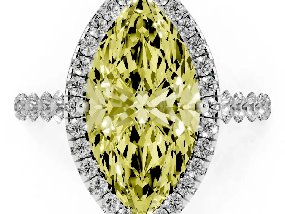 Fancy Yellow Marquise Cut Halo Pavé Diamond Engagement Ring with Four-Prong Setting Platinum