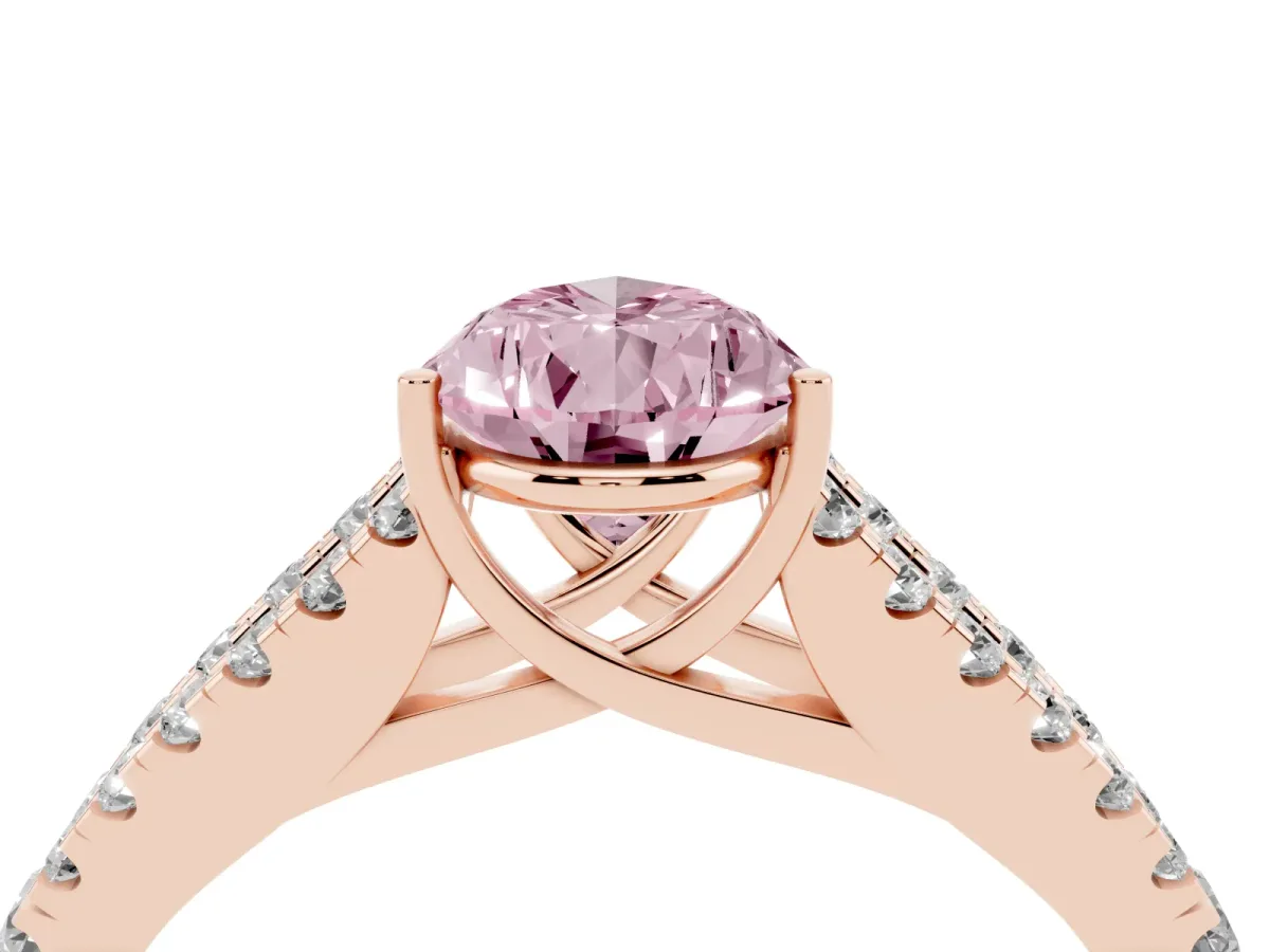 Fancy Pink Pear Cut Diamond Split Shank Engagement Ring with Round Pavé and Prong Setting Rose gold
