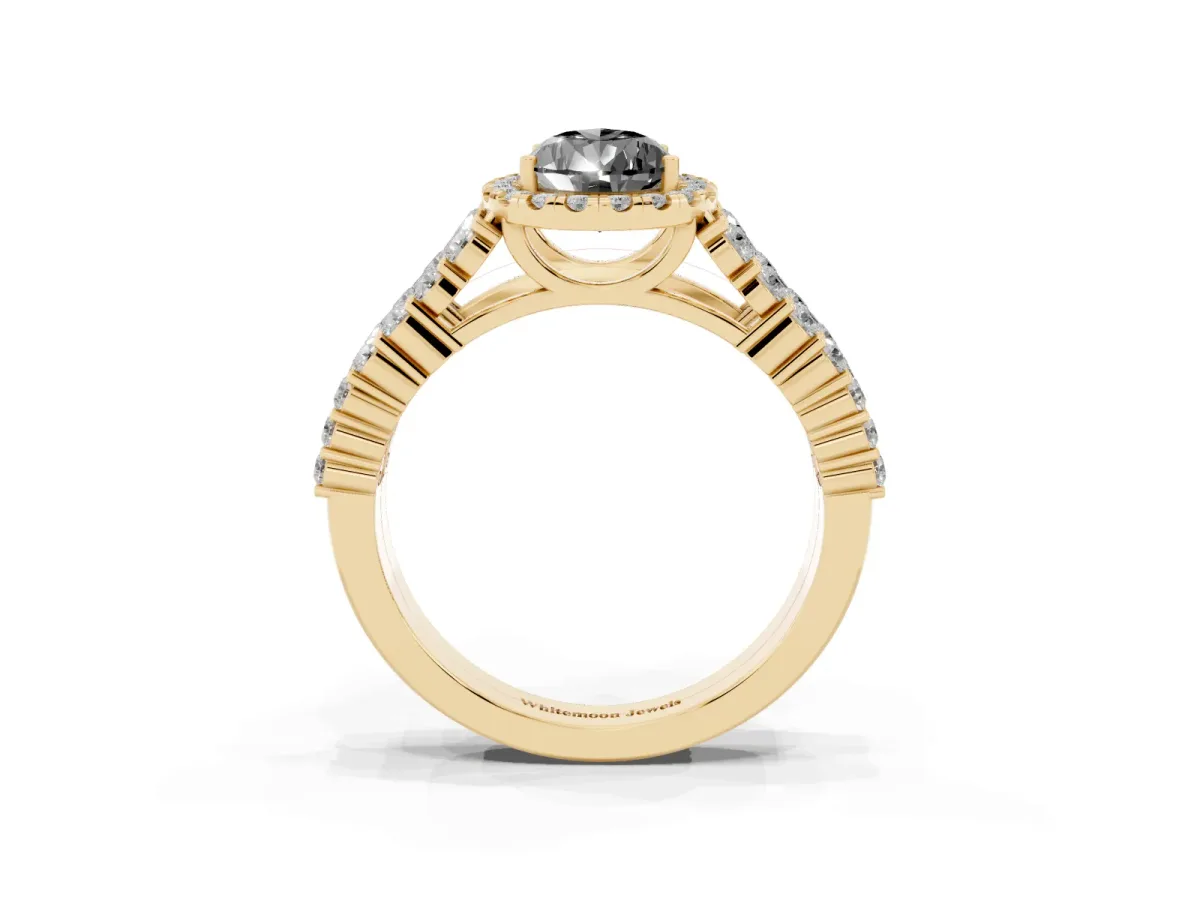 Fancy Black Pear Cut Diamond Halo Engagement Ring with Triple Row Round Pavé Band and Prong Setting Yellow gold