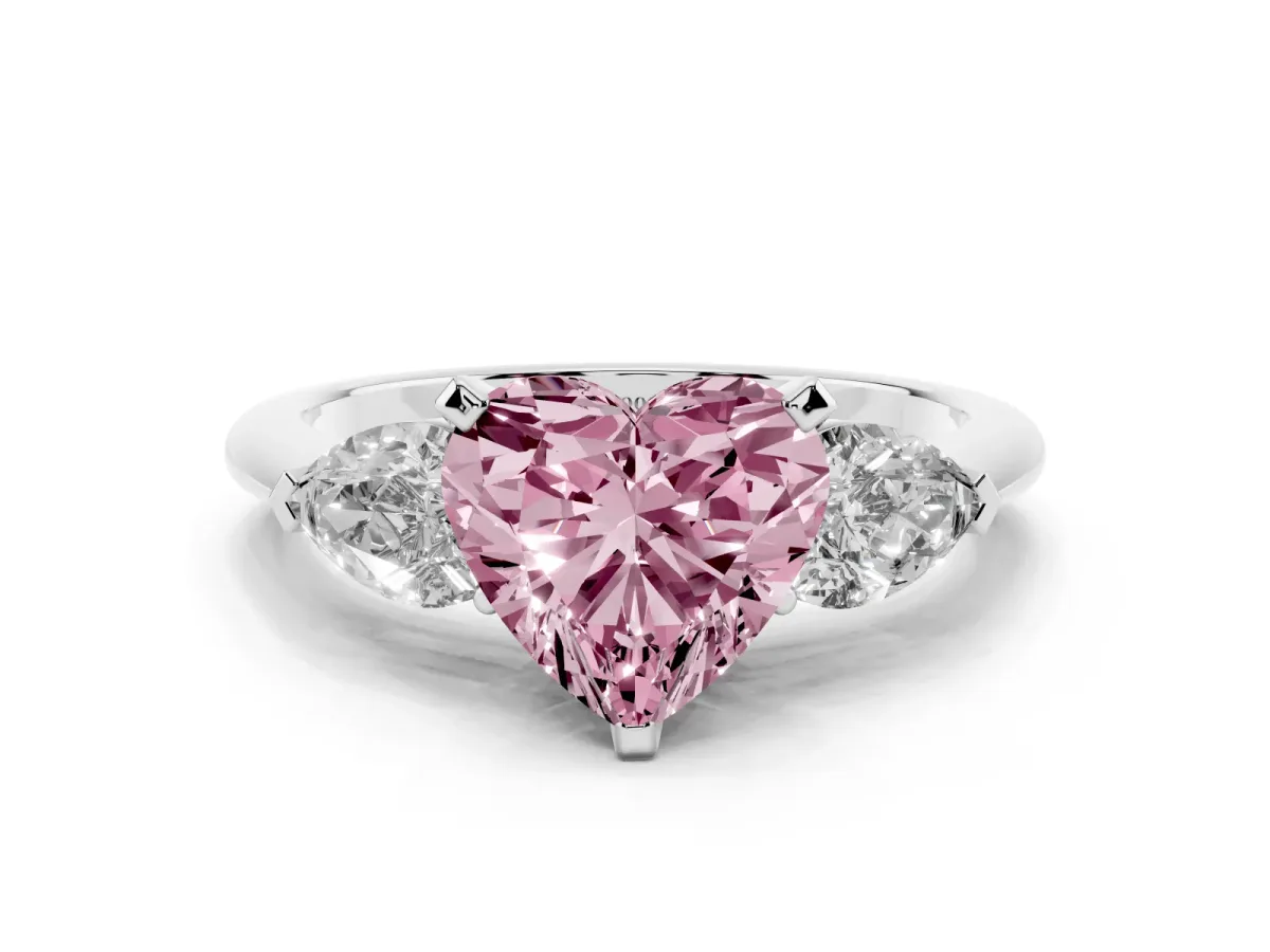 Fancy Pink Three-Stone Heart Cut Diamond Ring with Pear Side Stones and Four-Prong Setting Silver
