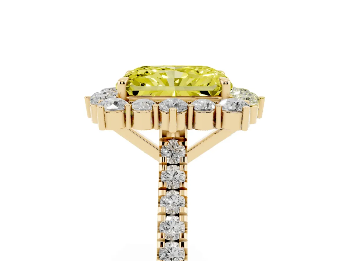 Fancy Yellow Radiant Cut Halo Diamond Ring with Pavé Band and Prong Setting Yellow gold