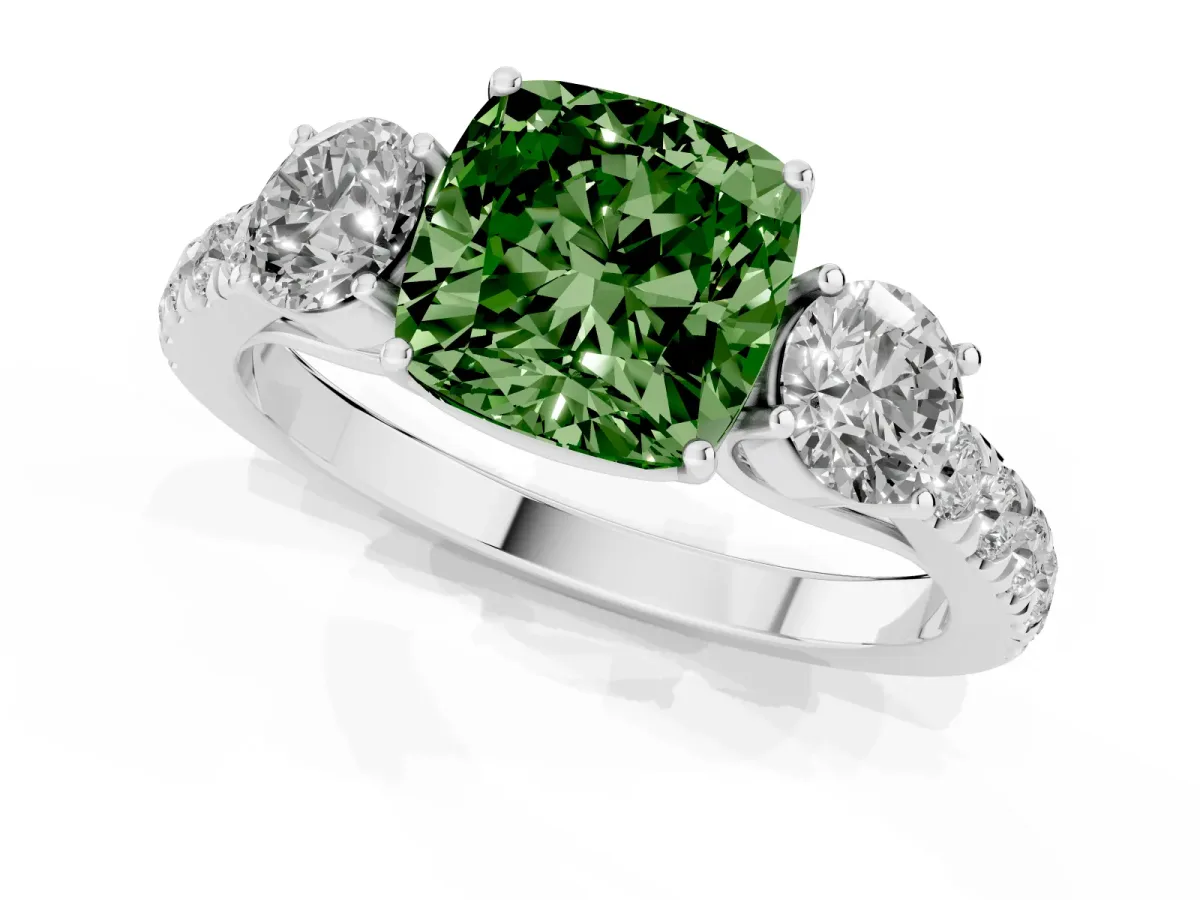 Fancy Green Cushion Cut Cut Diamond Three-Stone Ring with Round Side Stones and Pavé Band Silver