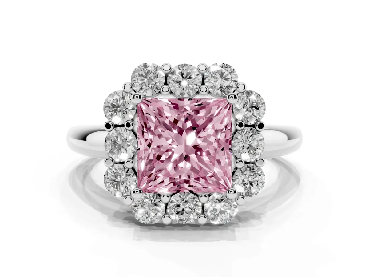Fancy Pink Princess Cut Halo Milgrain Solitaire with Bezel Set Side Stones and Pave Band Platinum