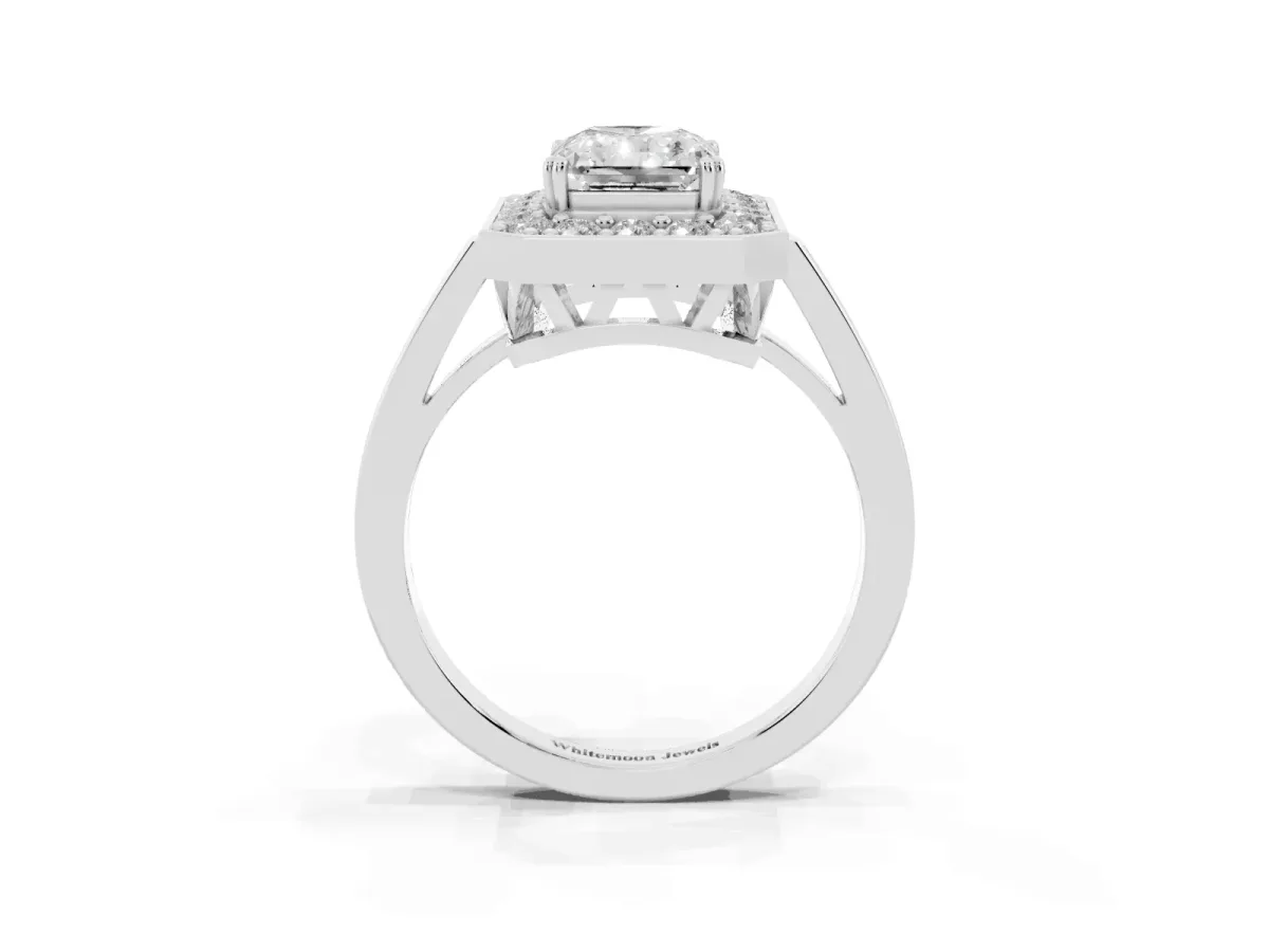 Radiant Cut Diamond Halo Ring with Split Shank and Four-Prong Setting Silver
