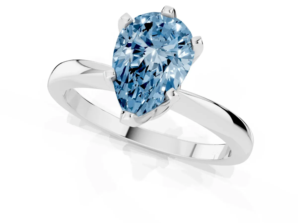 Fancy Blue Pear Cut Solitaire Engagement Ring with Six-Prong Setting and Tapered Band Platinum