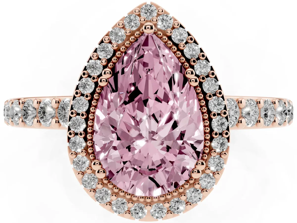 Fancy Pink Pear Cut Cut Diamond Halo Engagement Ring with Milgrain Detail and Pavé Band Rose gold