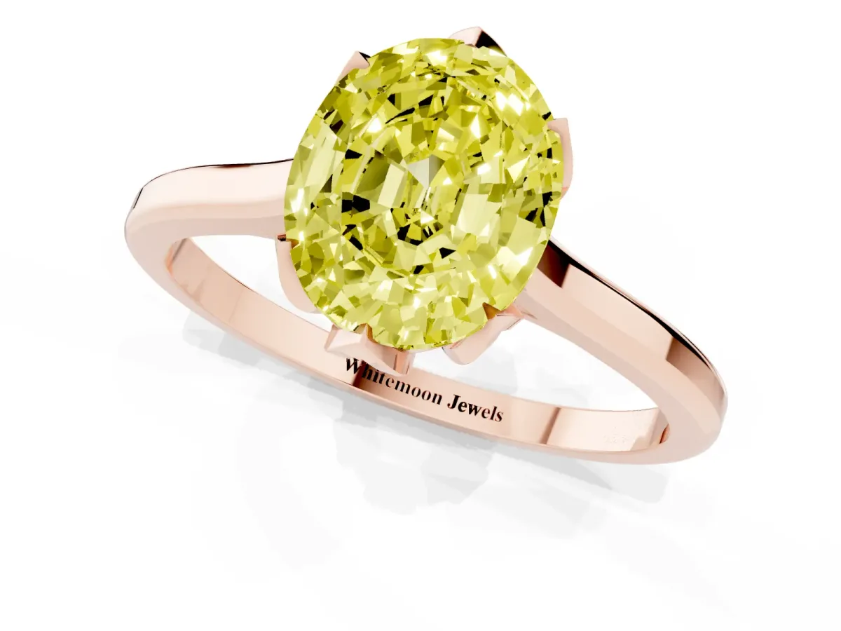Fancy Yellow Oval Cut Diamond Solitaire Ring with Flower Prong Setting and Classic Band Rose gold