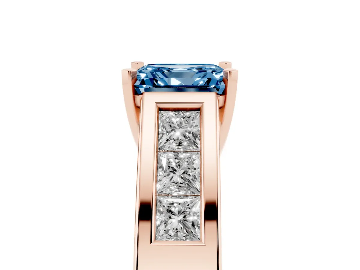 Fancy Blue Asscher Cut Cut Channel Set Solitaire Ring with Four-Prong Setting Rose gold