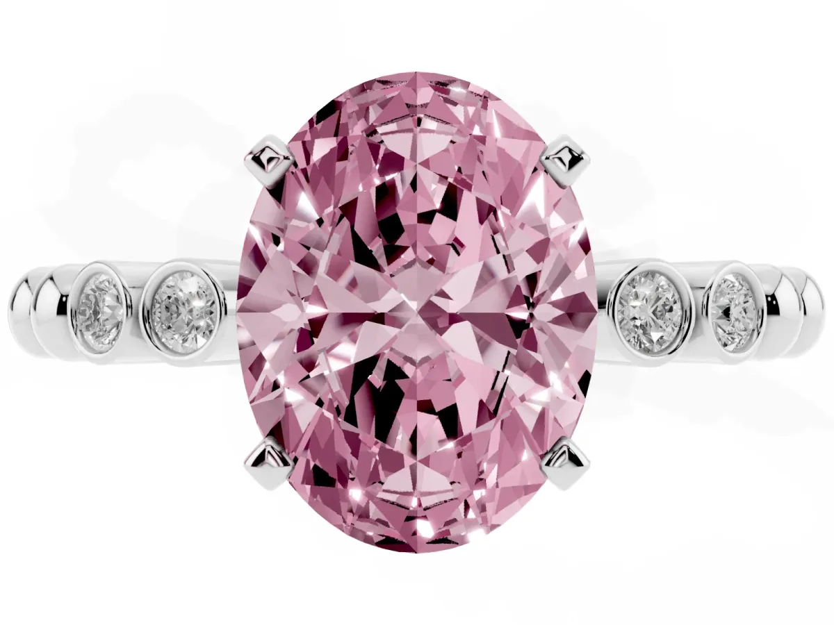 Fancy Pink Oval Cut Solitaire Bezel Accent Diamond Engagement Ring with Beaded Band and Four-Prong Setting Platinum