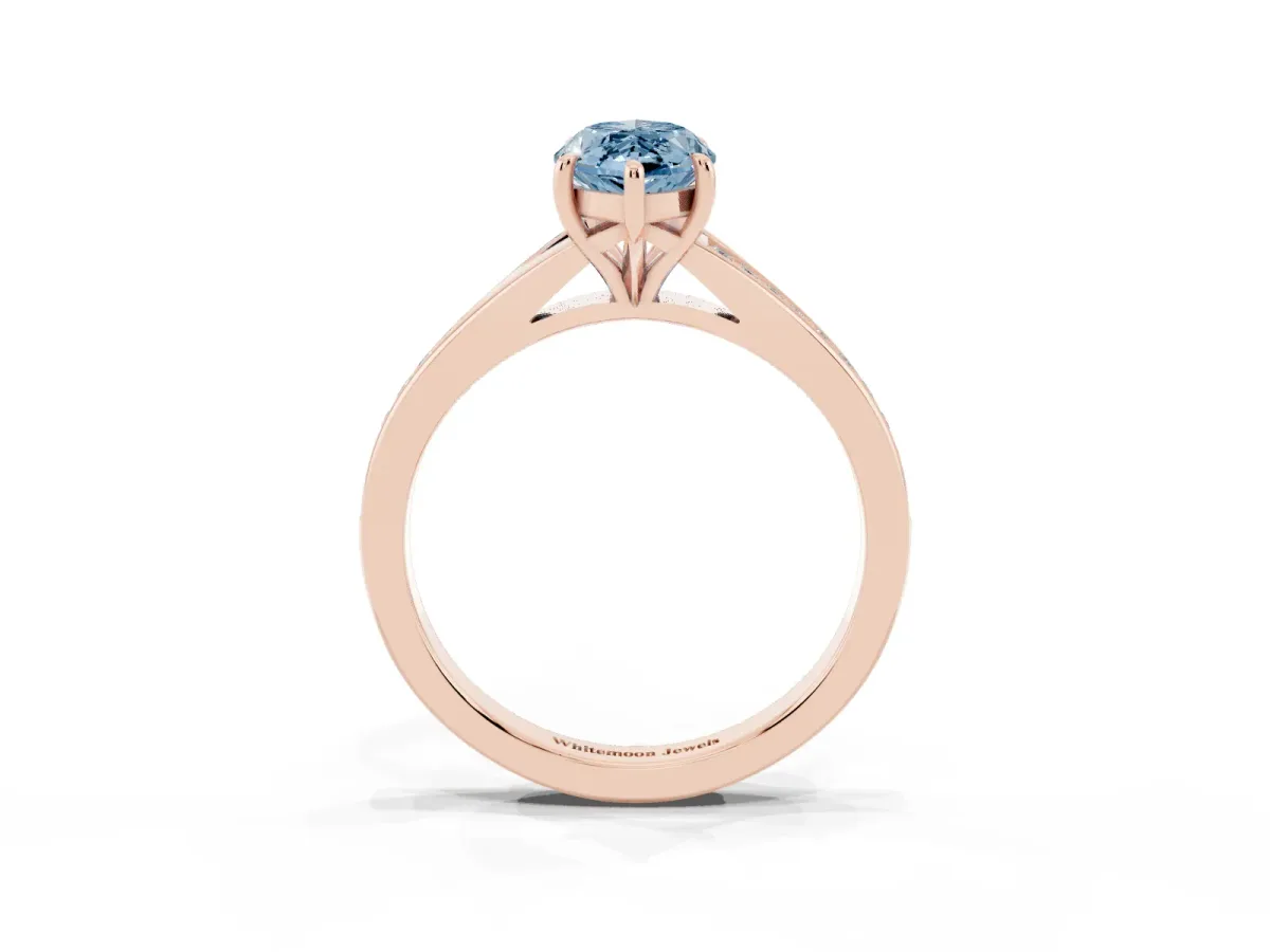 Fancy Blue Marquise Cut Diamond Solitaire Ring with Pavé Band and Prong Setting Rose gold