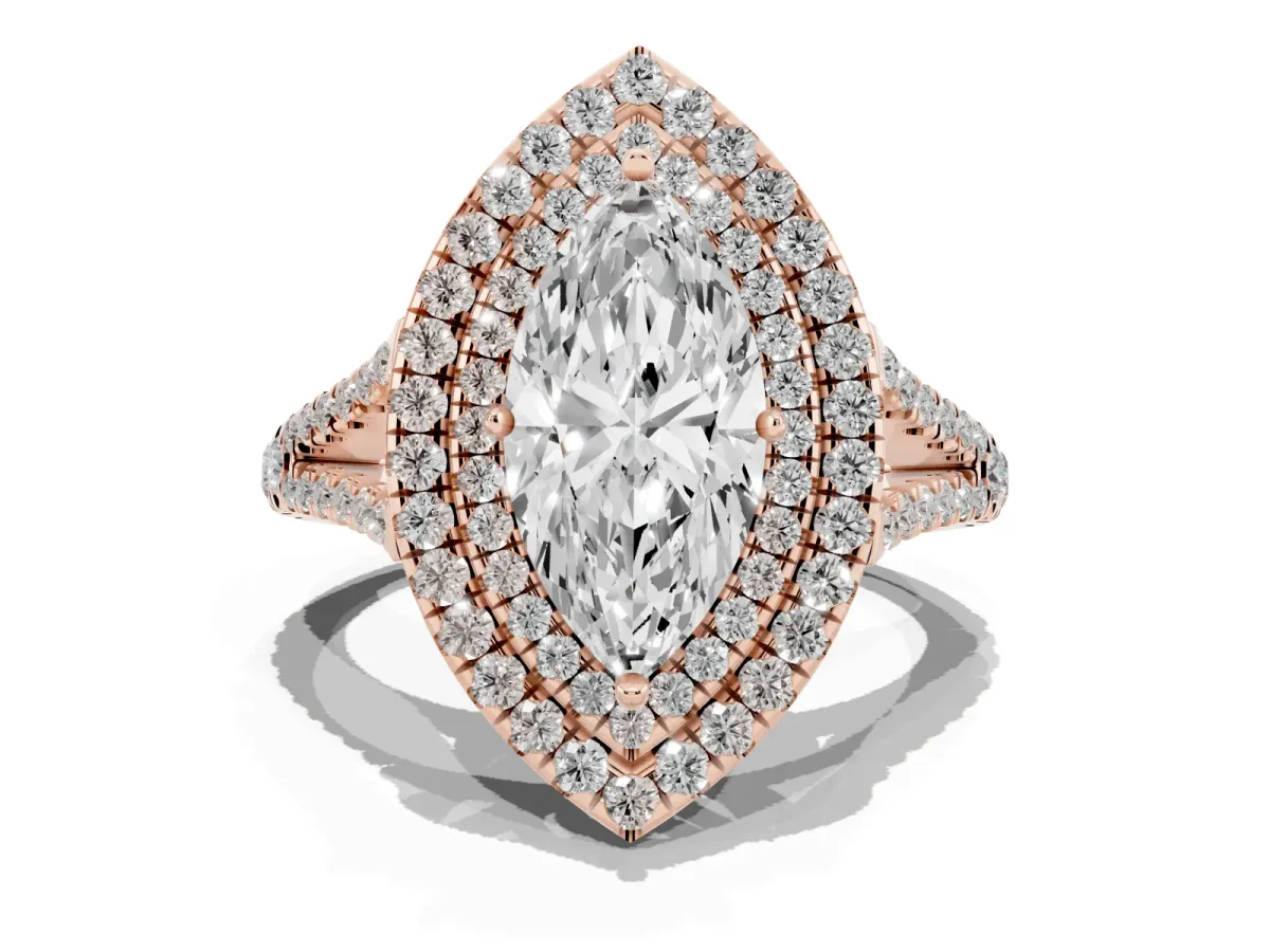 Marquise Cut Diamond Double Halo Ring with Pavé Band and Prong Setting Rose gold