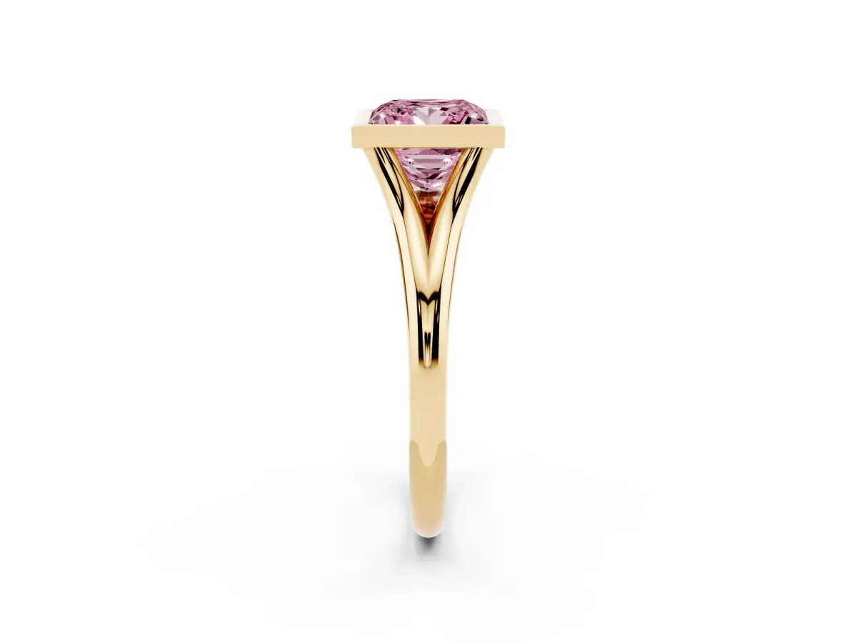 Fancy Pink Bezel Set Princess Cut Cut Solitaire Ring with Tapered Band Yellow gold