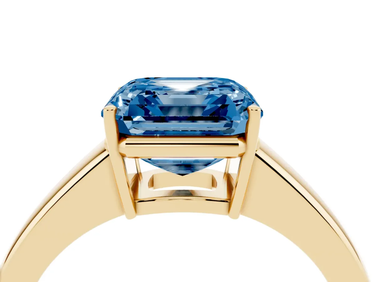 Fancy Blue Asscher Cut Solitaire Diamond Ring with Tapered Band and Four-Prong Setting Yellow gold
