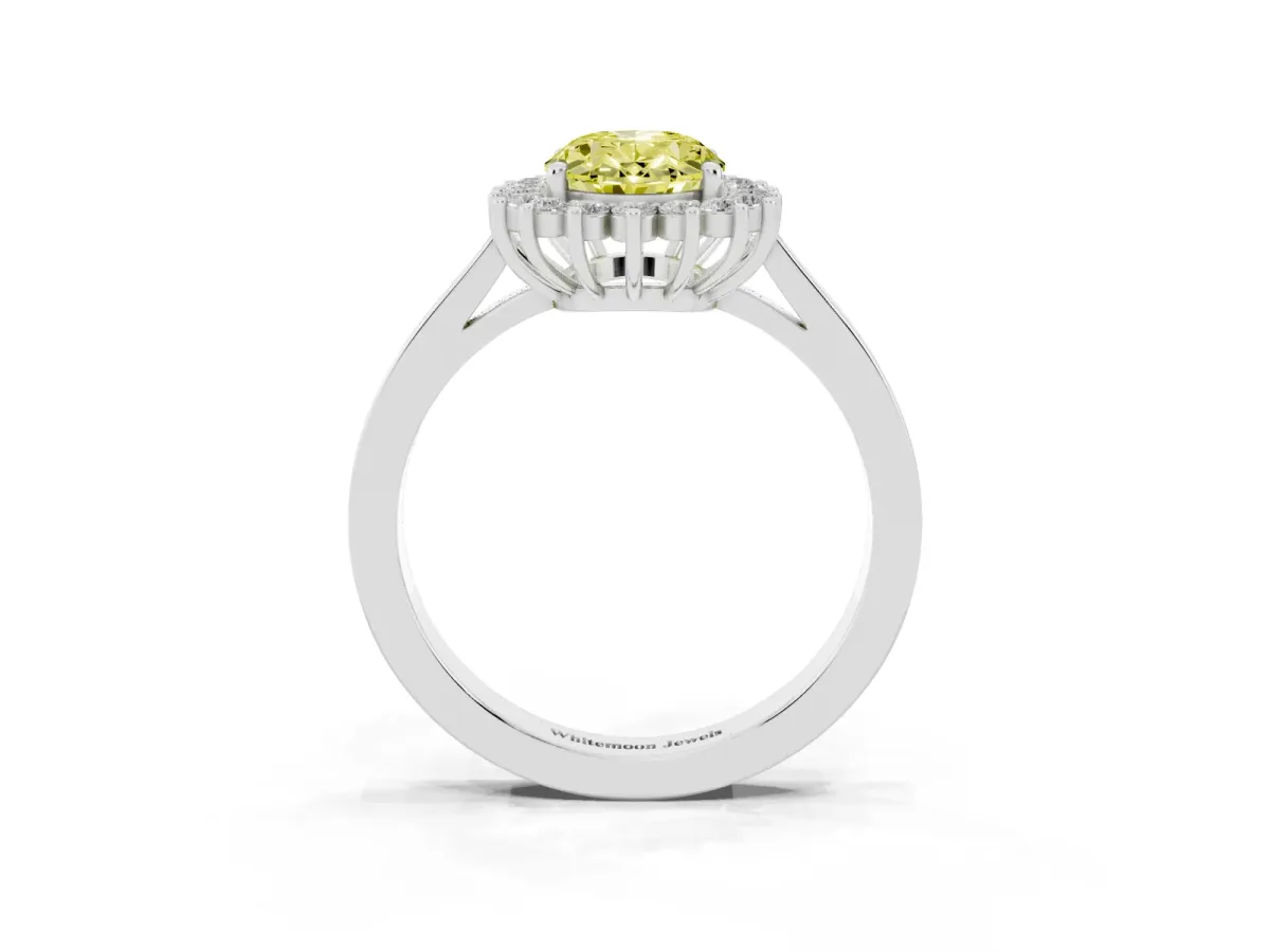 Fancy Yellow Oval Cut Cut Diamond Halo Ring with Round Brilliant Halo and Solitaire Band Silver