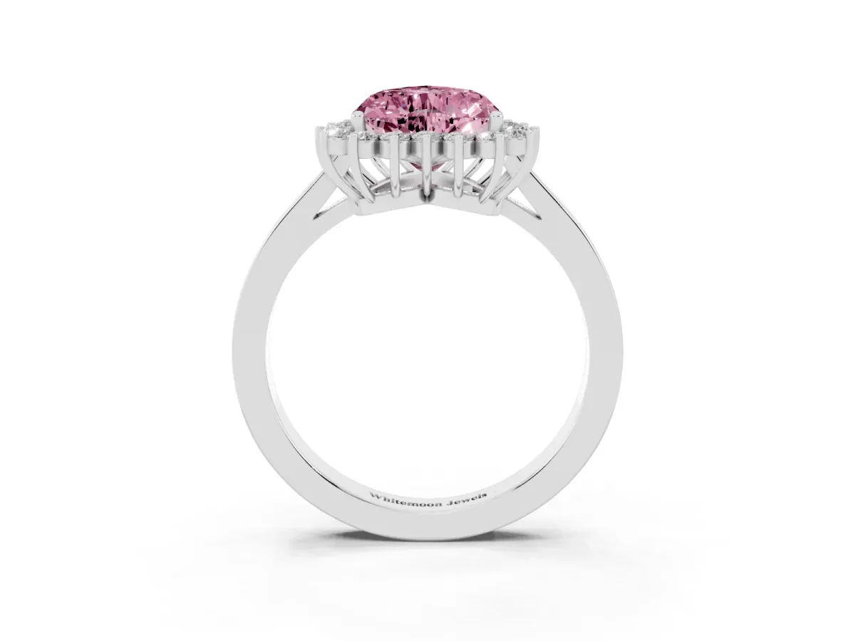 Fancy Pink Heart Cut Cut Diamond Halo Ring with Round Brilliant Halo and Solitaire Band Platinum