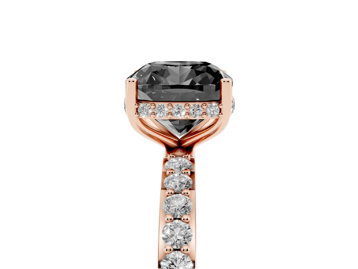 Fancy Black Cushion Cut Diamond Solitaire Ring with Pavé Band and Hidden Halo Rose gold