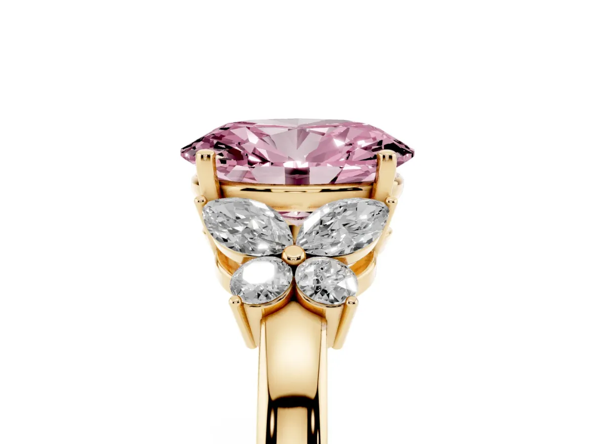 Fancy Pink Oval Cut Cut Solitaire Floral Diamond Ring with Four-Prong Setting Yellow gold