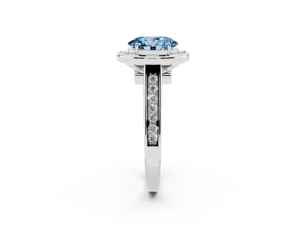 Fancy Blue Oval Cut Halo Solitaire Diamond Ring with Pave Band and Bezel Setting Silver