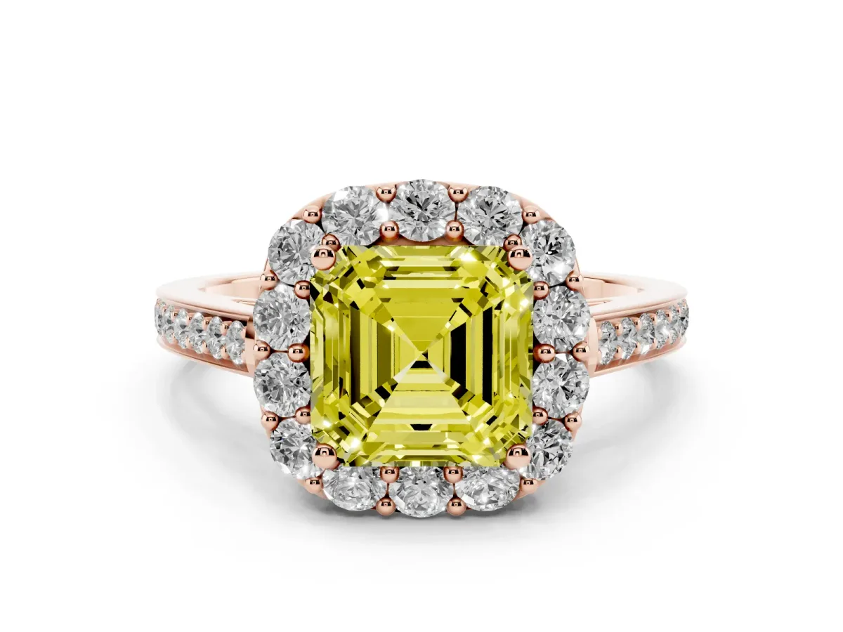 Fancy Yellow Asscher Cut Diamond Floral Halo Ring with Pavé Band and Prong Setting Rose gold
