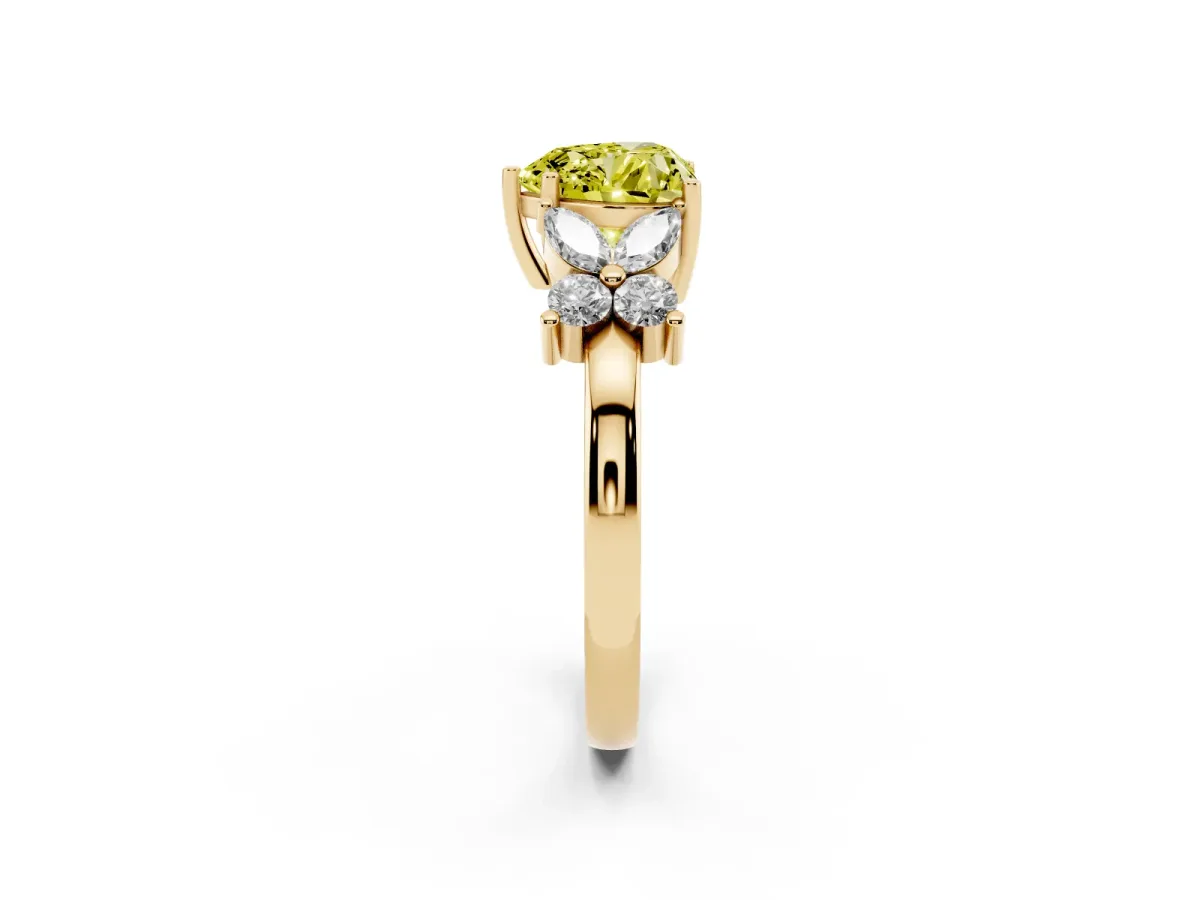 Fancy Yellow Heart Cut Diamond Floral Cluster Ring with Solitaire Band and Prong Setting Yellow gold