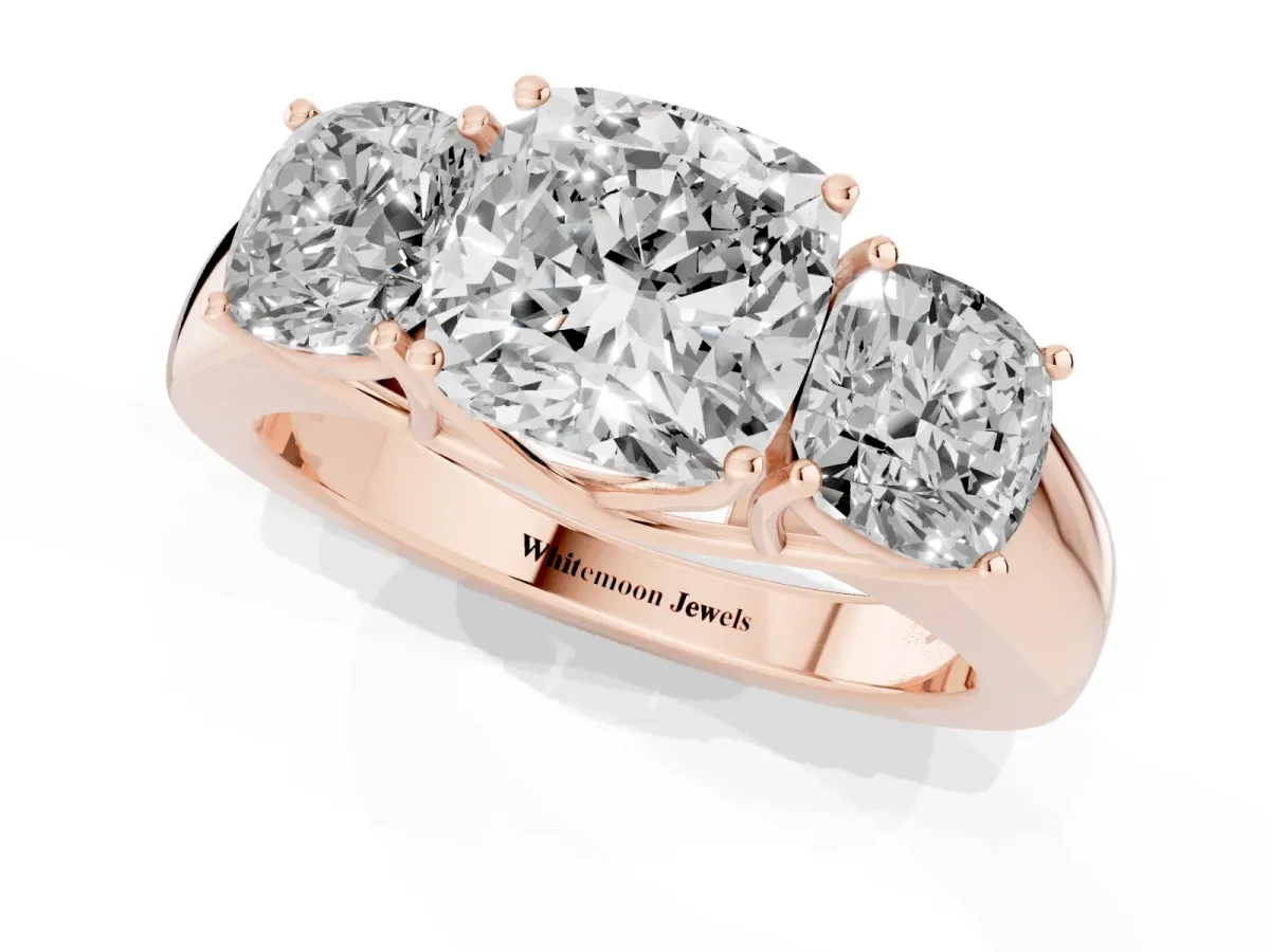 Three-Stone Cushion Cut Cut Diamond Ring with Prong Setting and Classic Band Rose gold