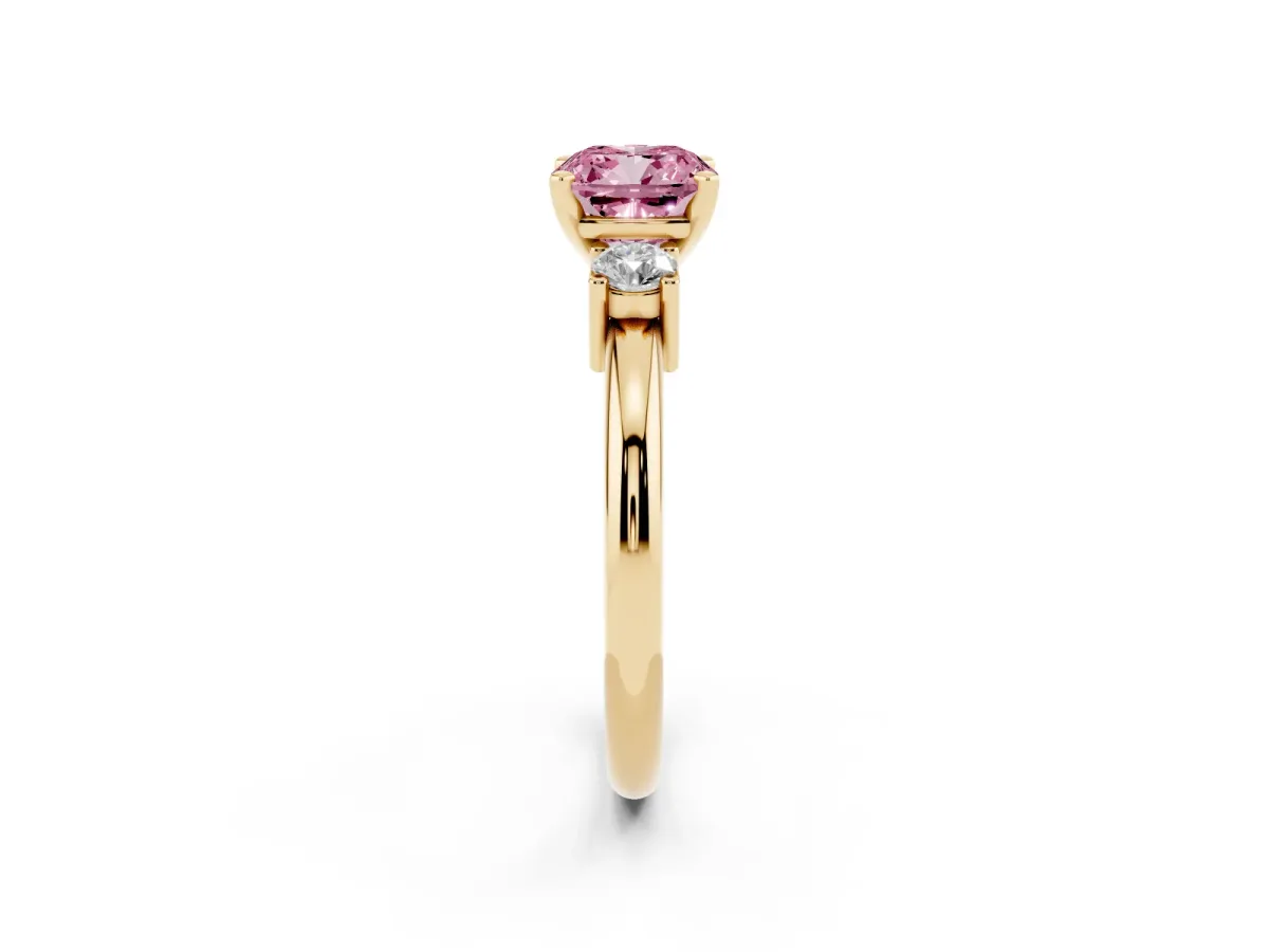 Fancy Pink Three-Stone Cushion Cut Cut Diamond Solitaire with Prong Setting and Classic Band Yellow gold