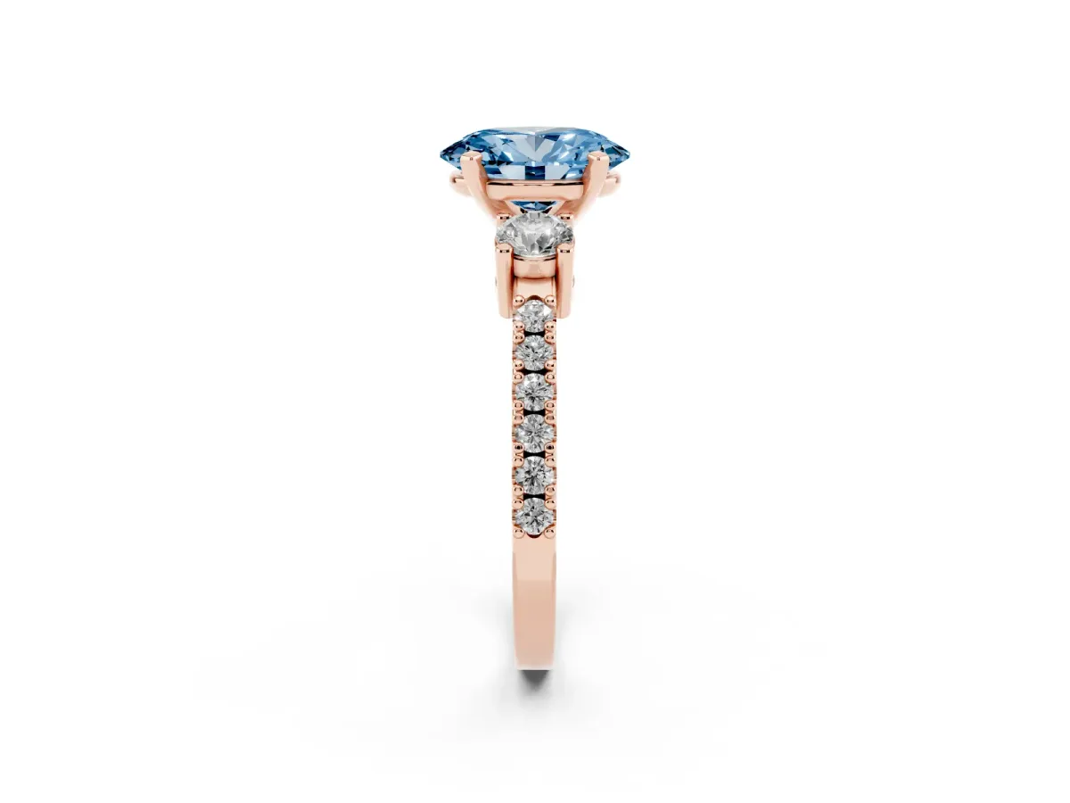 Fancy Blue Oval Cut Three-Stone Diamond Pavé Band with Prong Setting Rose gold
