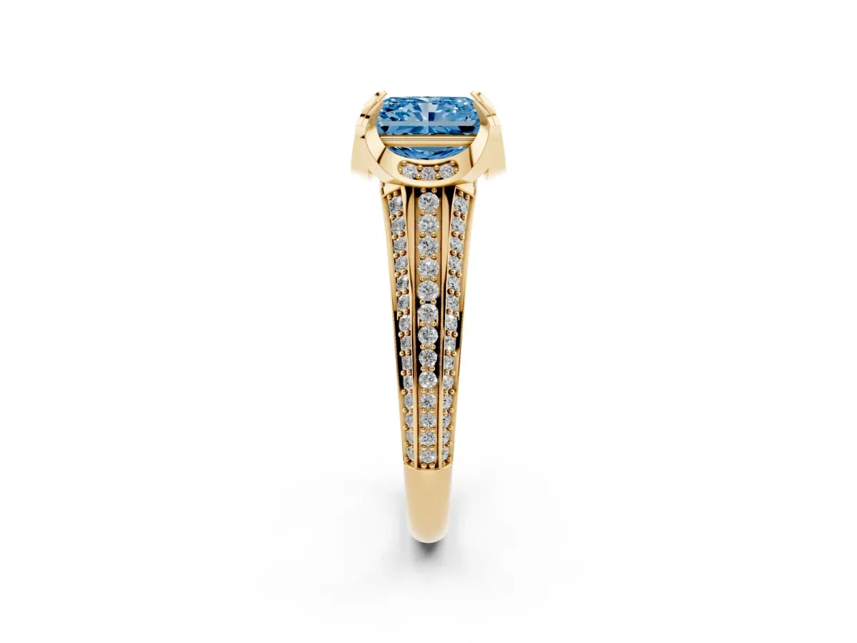 Fancy Blue Radiant Cut Solitaire Pave Split Shank Ring with Four-Prong Setting Yellow gold