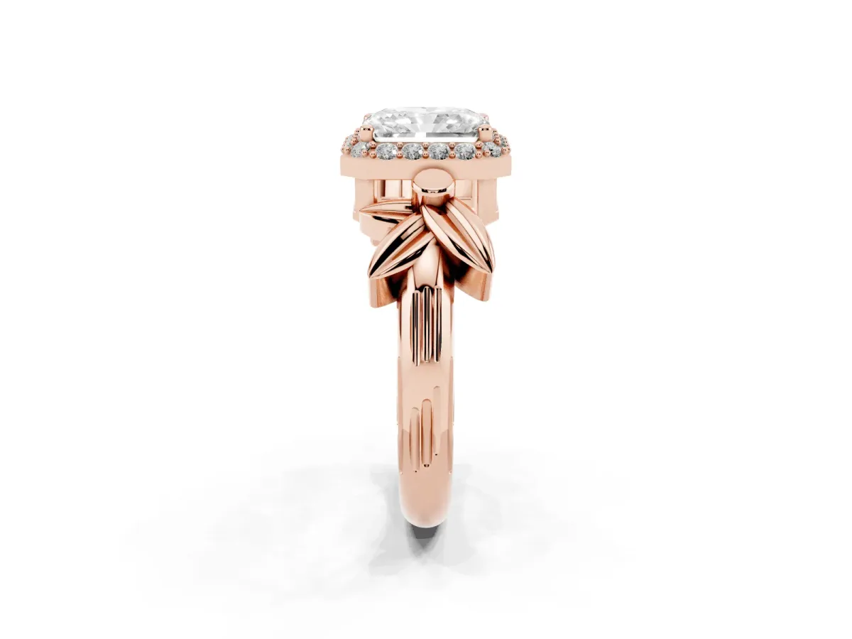 Radiant Cut Halo Diamond Floral Band with Four-Prong Setting Rose gold