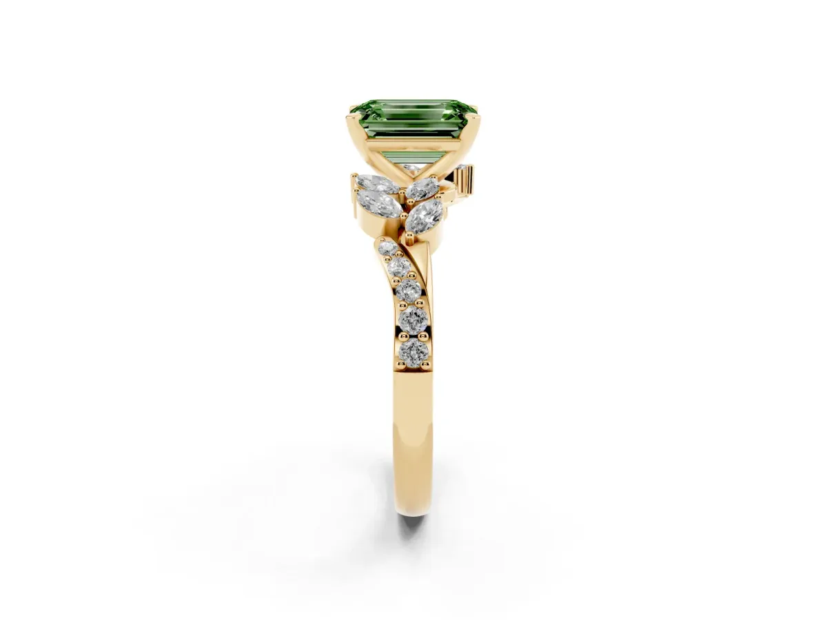 Fancy Green Emerald Cut Solitaire Marquise Twist Band with Six-Prong Setting Yellow gold