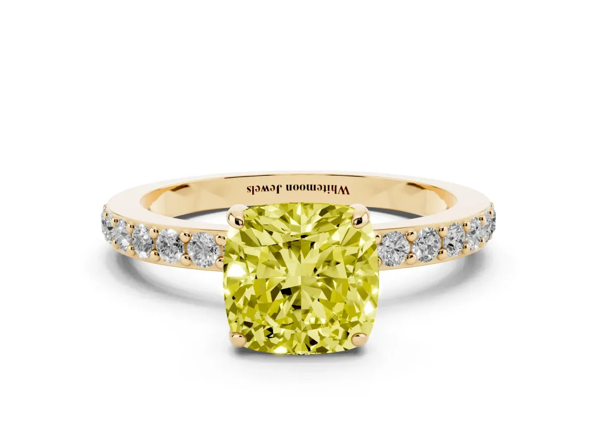 Fancy Yellow Cushion Cut Diamond Pavé Engagement Ring with Round Accents and Prong Setting Yellow gold
