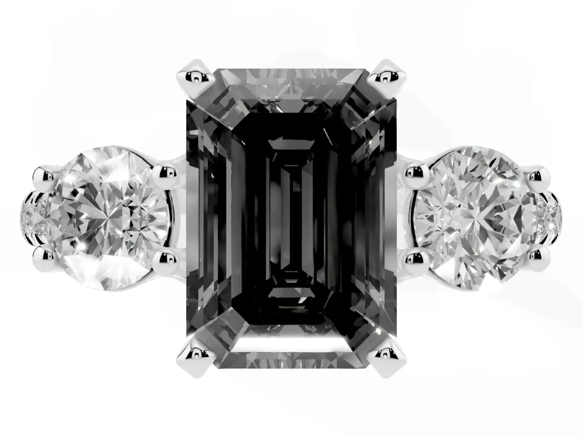 Fancy Black Three-Stone Emerald Cut Diamond Pavé Band with Four-Prong Setting Silver