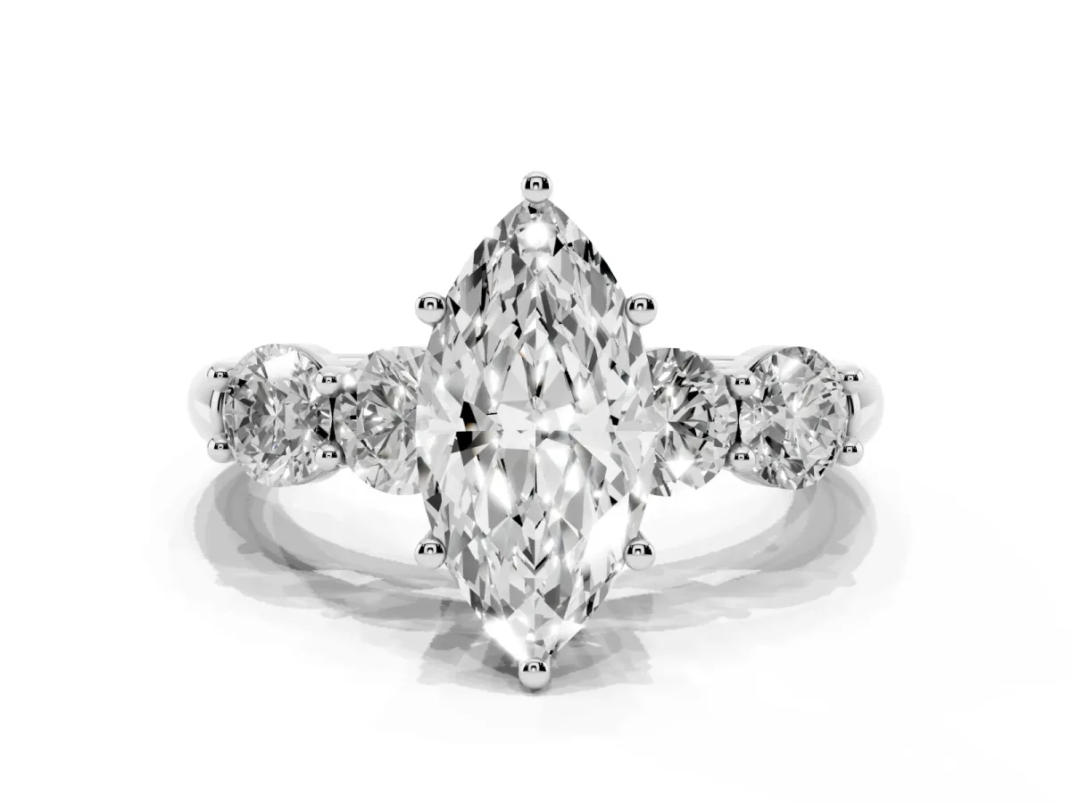 Marquise Cut Cut Five-Stone Prong Set Diamond Ring with Classic Band Platinum