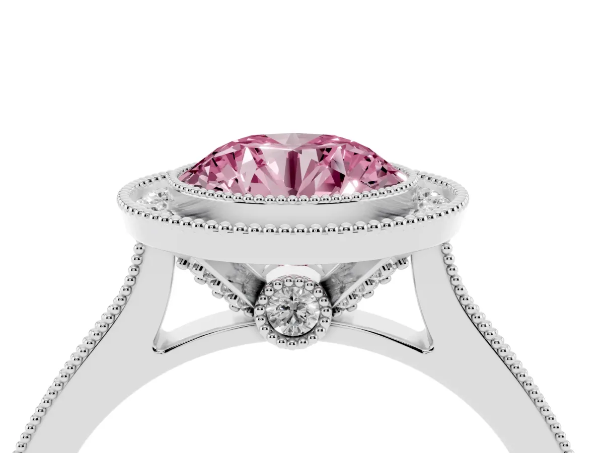 Fancy Pink Halo Round Cut-Cut Diamond Pave Band Milgrain Prong Setting Ring Platinum