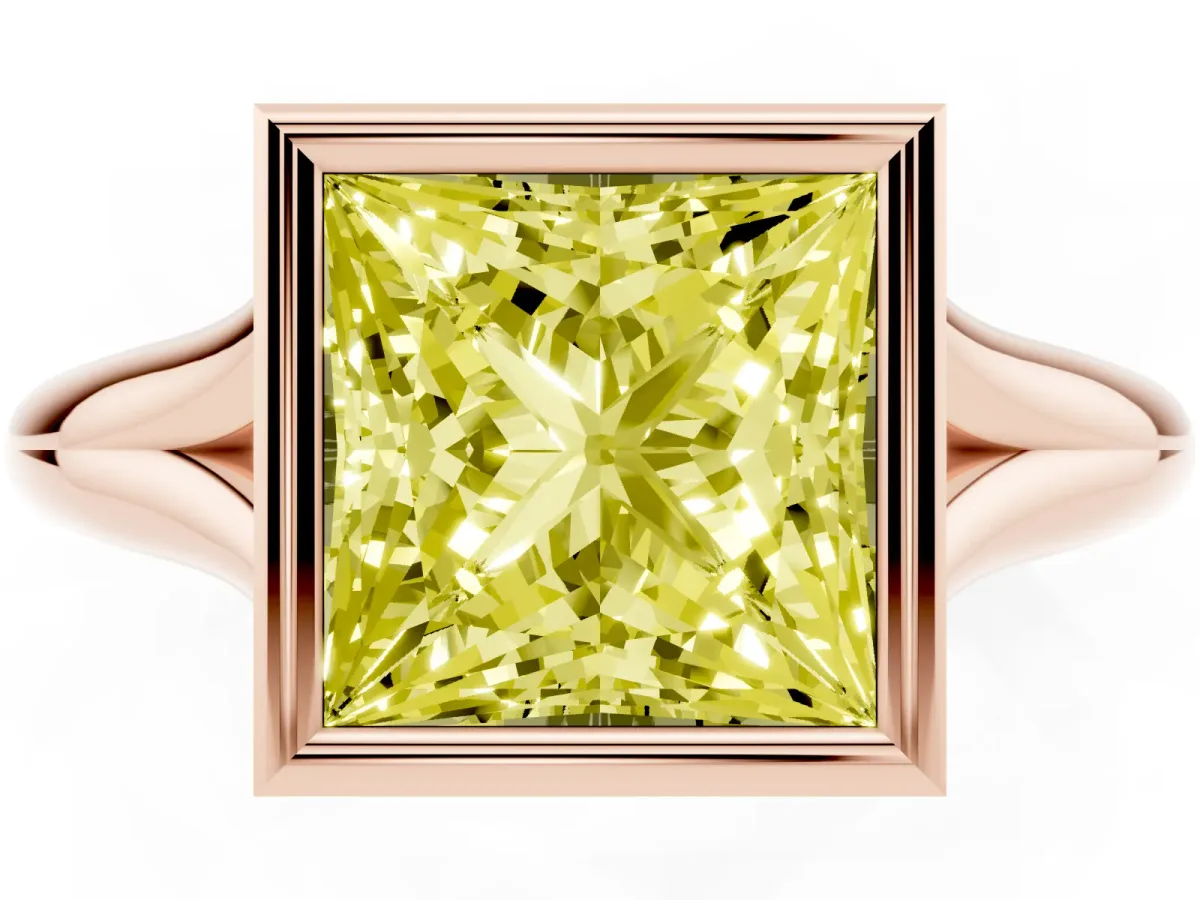 Fancy Yellow Bezel Set Princess Cut Solitaire Diamond Ring with Smooth Band Rose gold