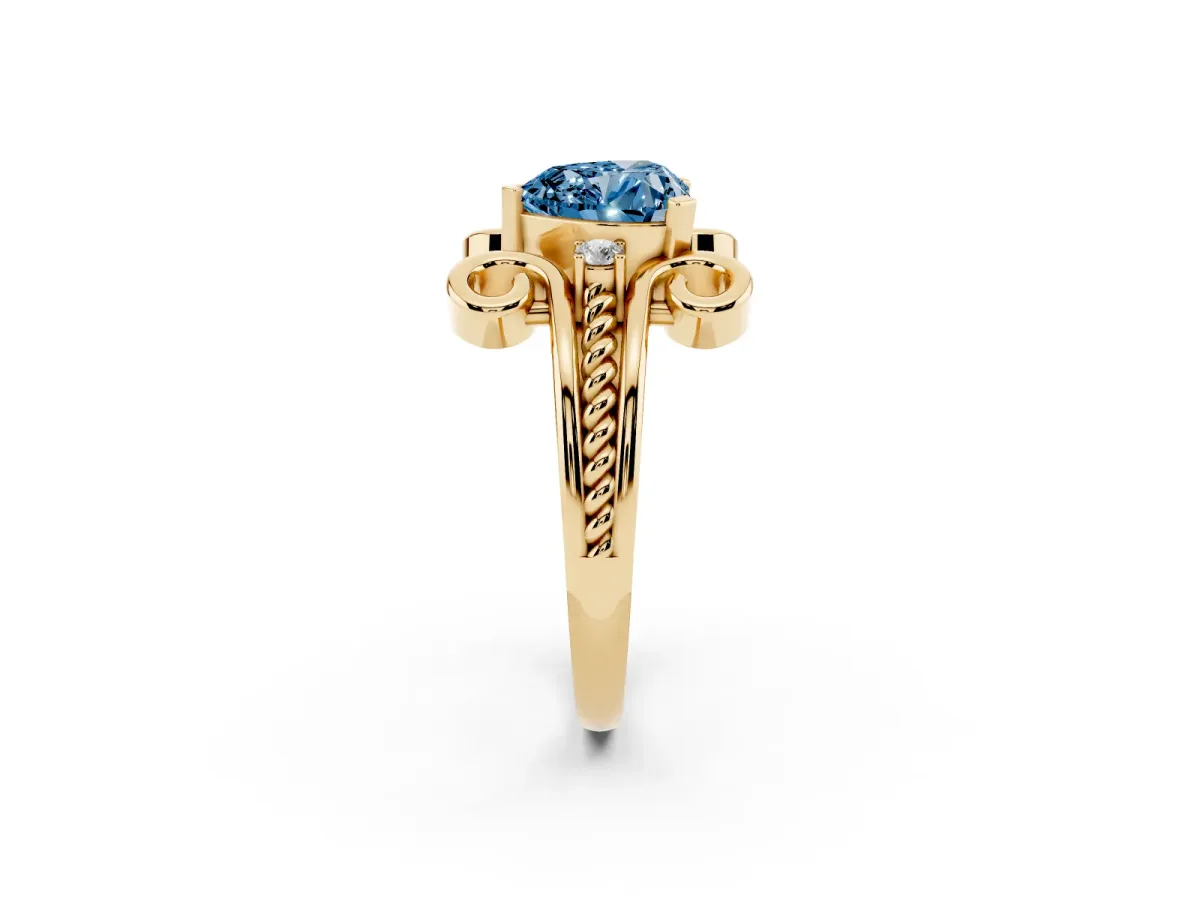 Fancy Blue Heart Cut Solitaire Twisted Band Scroll Prong Ring Yellow gold