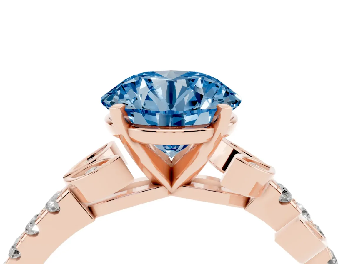 Fancy Blue Round Cut Solitaire Leaf-Inspired Diamond Ring with Pavé Band and Four-Prong Setting Rose gold