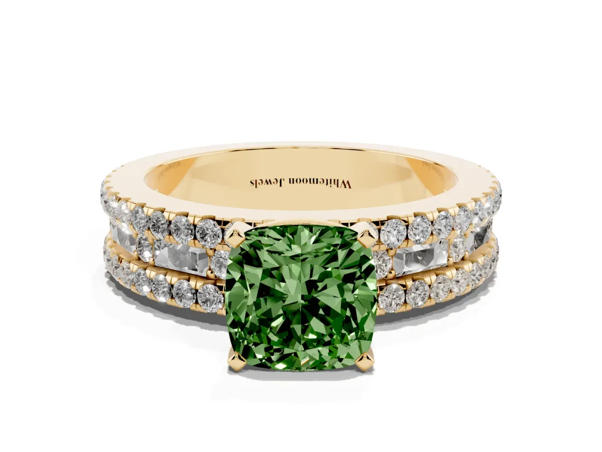 Fancy Green Cushion Cut Diamond Solitaire Ring with Pavé and Channel Set Band Yellow gold