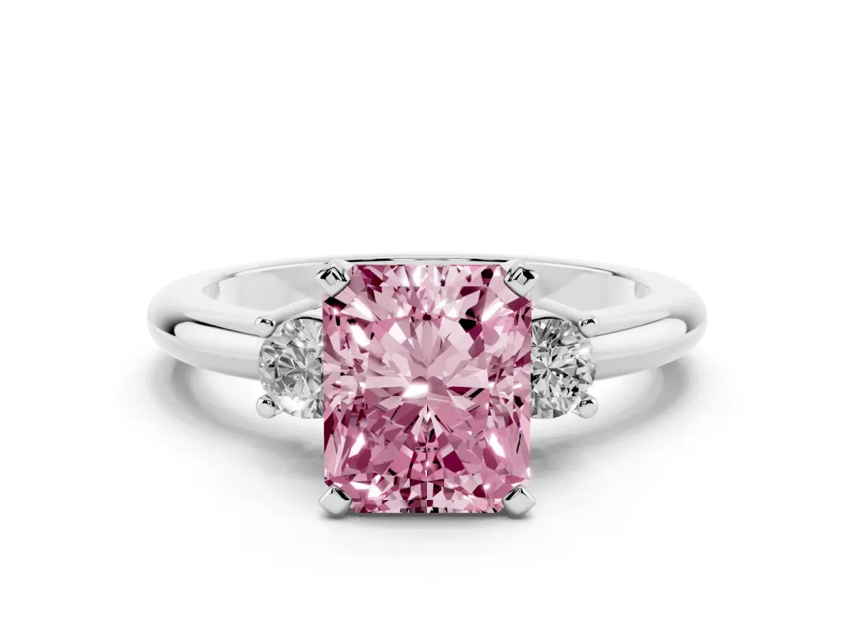 Fancy Pink Three-Stone Radiant Cut Cut Diamond Solitaire with Prong Setting and Classic Band Silver