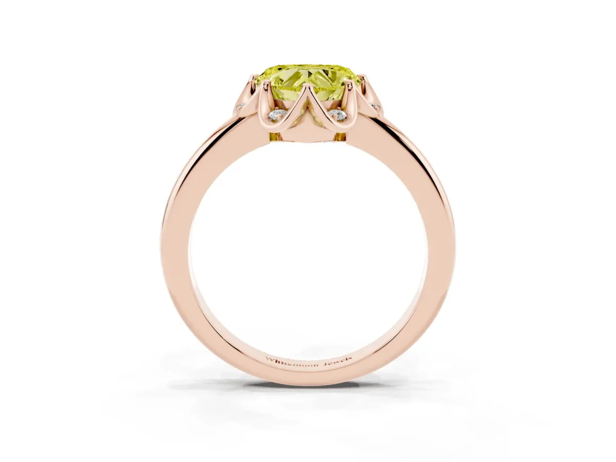 Fancy Yellow Heart Cut Halo Diamond Ring with Round Cluster Setting, Solitaire Band, and Four-Prong Setting Rose gold