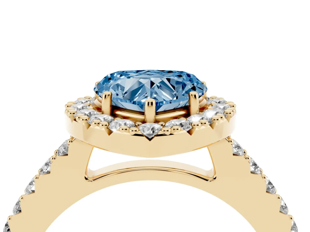 Fancy Blue Heart Cut Halo Diamond Pavé Solitaire Ring Yellow gold